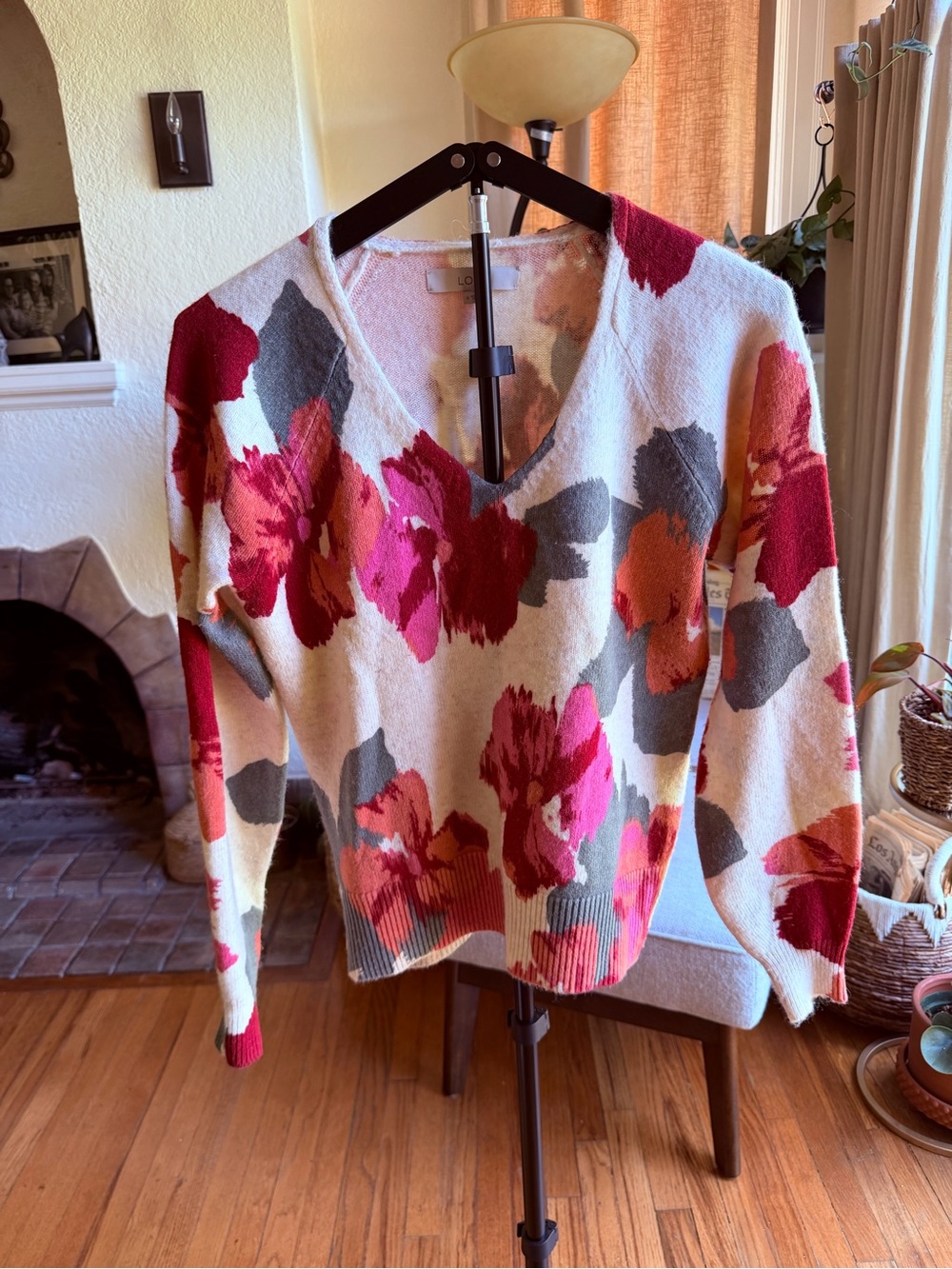 LOFT Floral V-Neck Sweater in Cream, Pink and Red